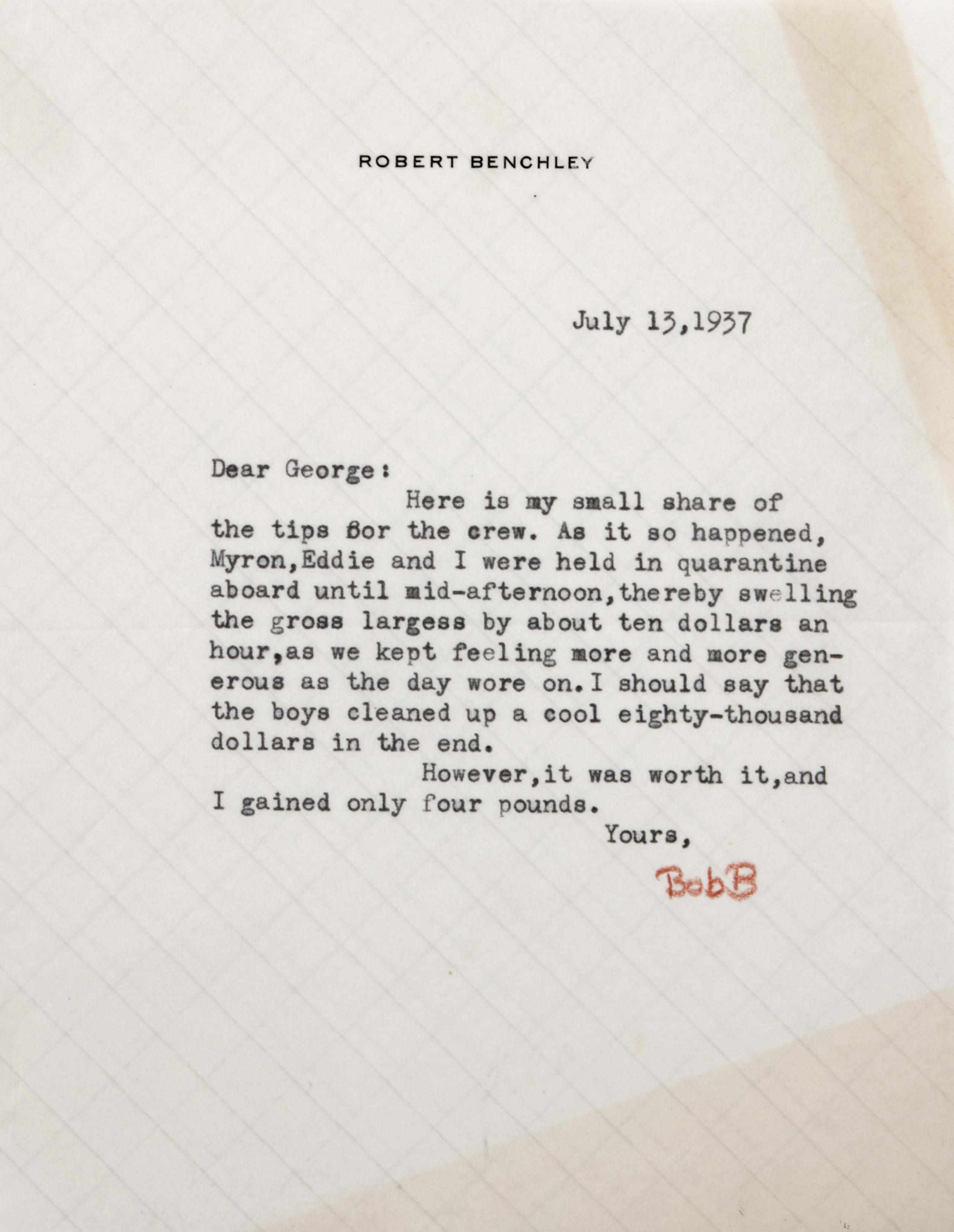 Appraisal: Robert Benchley letter and document Typed letter to George Cukor