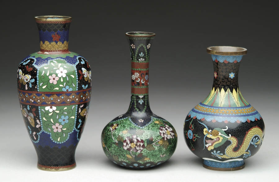 Appraisal: THREE CLOISONN VASES Predominant colors on all is black and