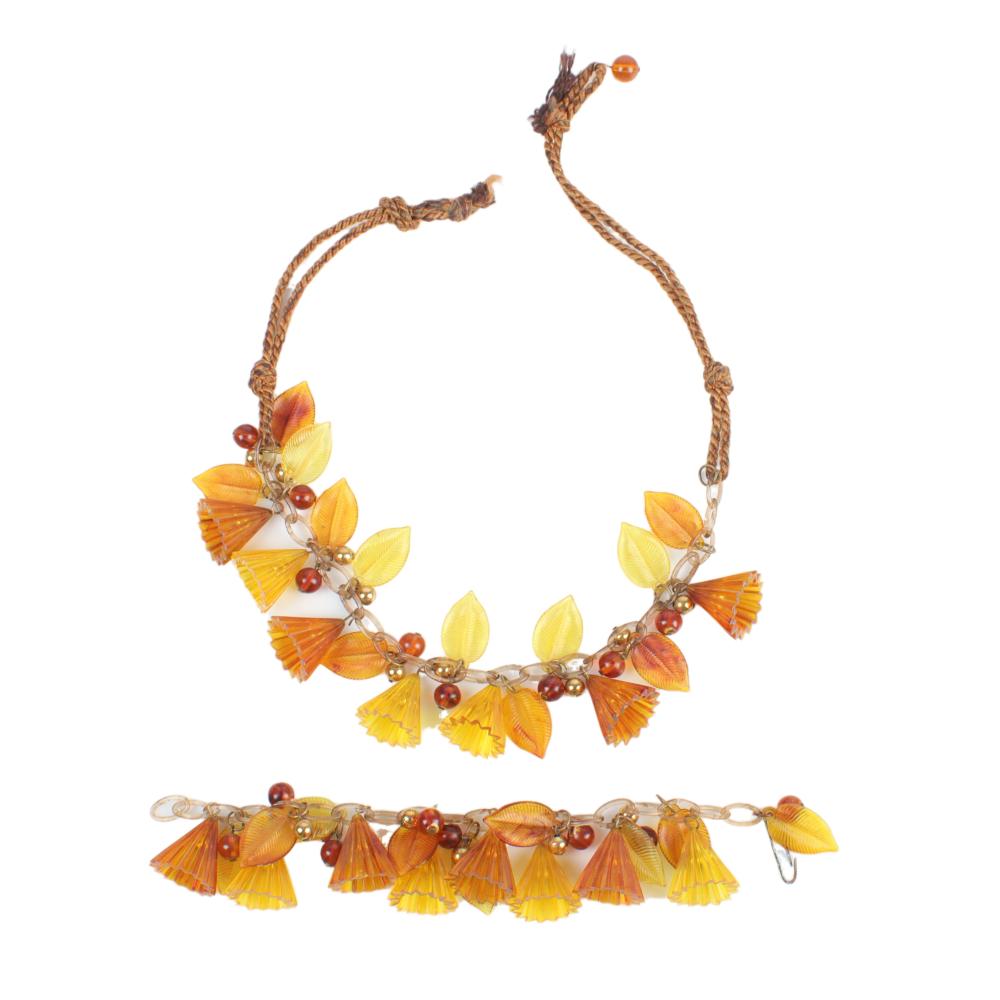 Appraisal: CELLULOID VINTAGE AMBER FLUTED BELLFLOWER NECKLACE AND BRACELET SET WITH