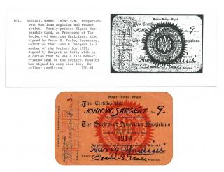 Appraisal: Houdini Harry Society of American Magicians Membership Card Signed by