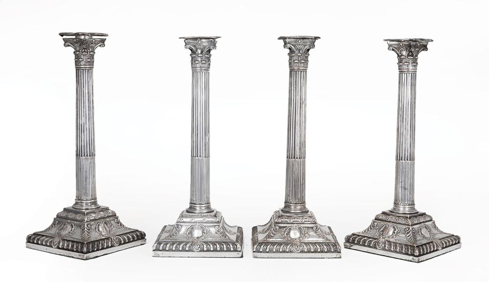 Appraisal: Set of Four Georgian Sheffield Plate Corinthian Columnar Table Candlesticks