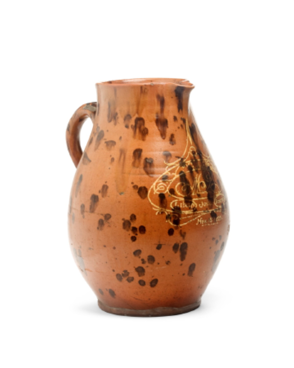 Appraisal: NEW ENGLAND REDWARE SLIP-DECORATED PRESENTATION PITCHER DATED Of ovoid form