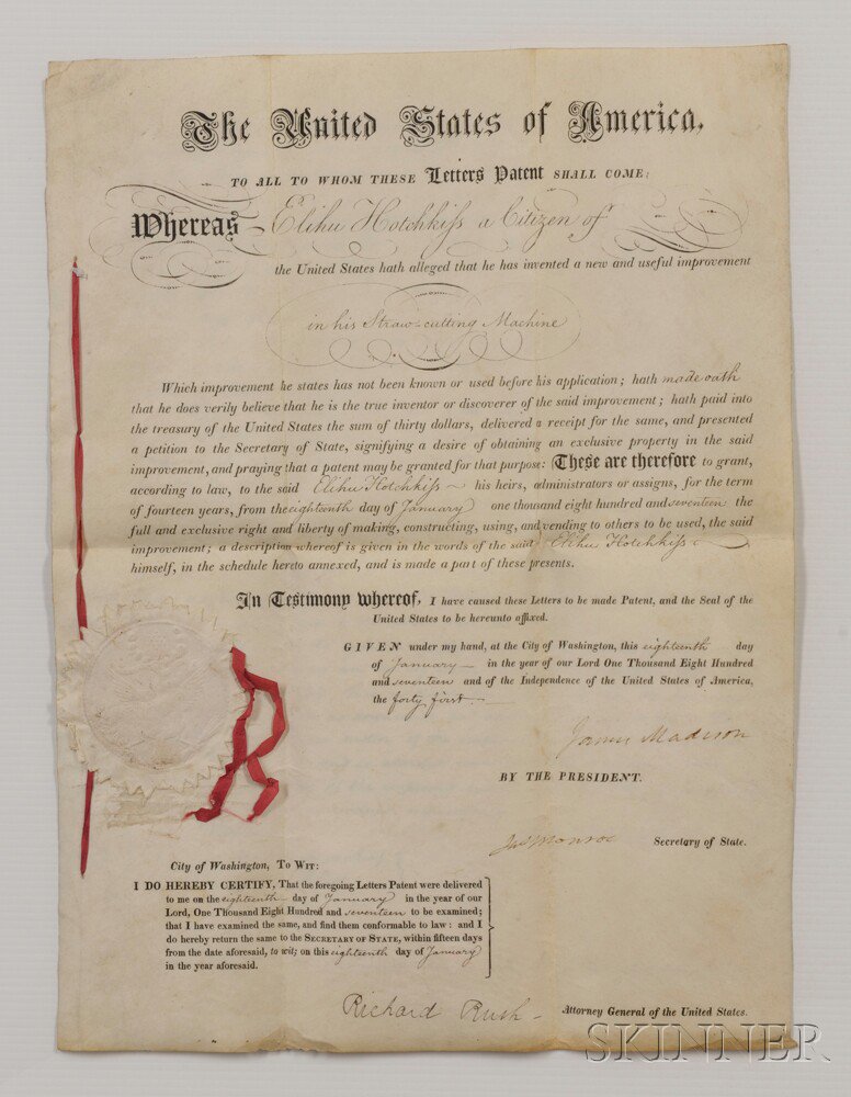 Appraisal: Madison James - and James Monroe - Letters Patent Signed