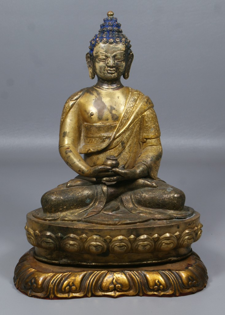 Appraisal: Gilt bronze Buddha figure on wood base h w