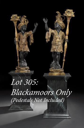 Appraisal: Large Pair of Italian Parcel-Gilt and Black-Patinated Bronze Blackamoor Torcheres