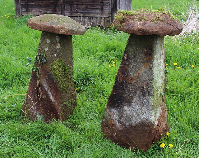 Appraisal: A MATCHED PAIR OF LARGE OLD STADDLE STONES with circular