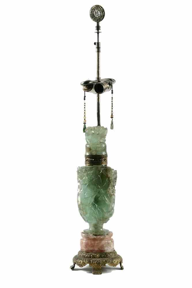 Appraisal: TABLELAMP - Carved Green Rose Quartz Table Lamp s Chinese