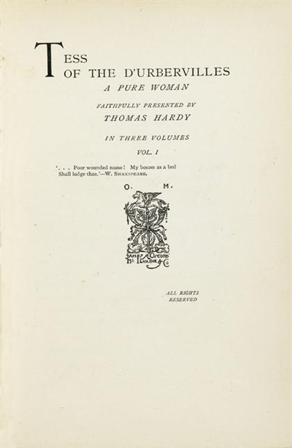 Appraisal: vols Hardy Thomas Tess of The D'Urbervilles A Pure Woman