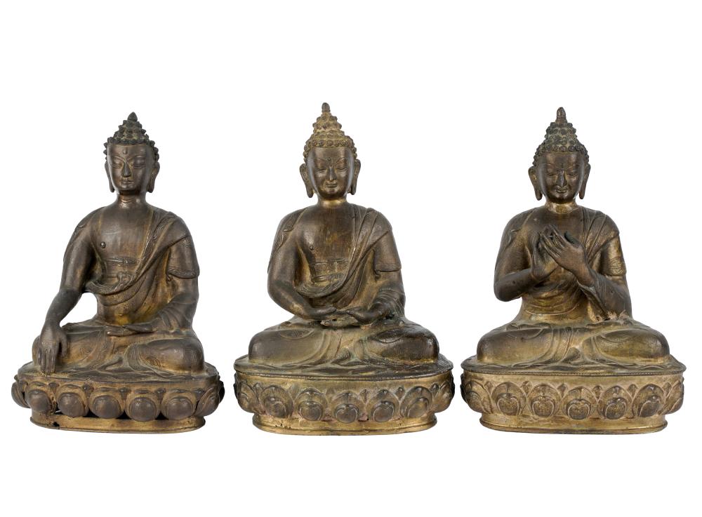 Appraisal: THREE CHINESE BRONZE BUDDHA FIGURESdepicted seated ranging from to inches