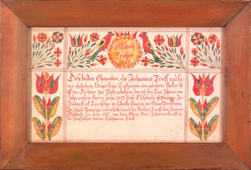 Appraisal: Berks County Pennsylvania watercolor fraktur birth certificate dated for Elisabeth