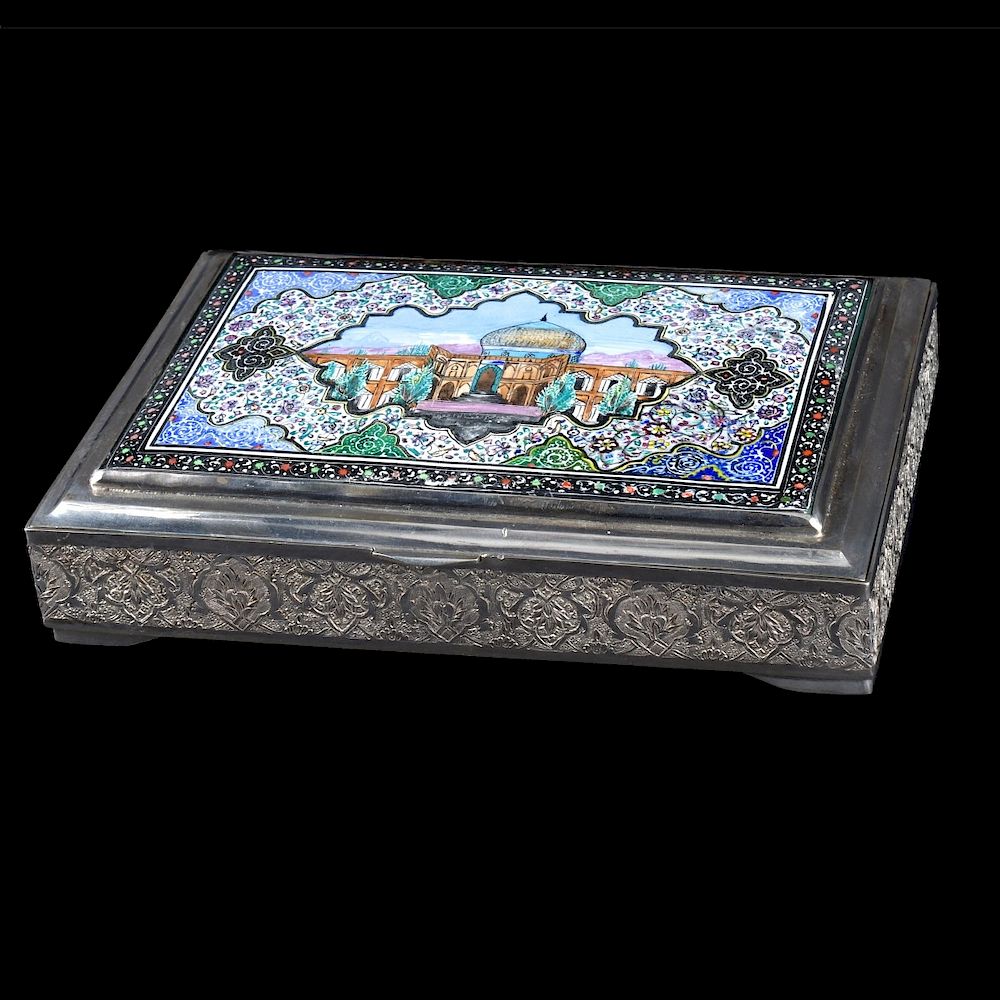 Appraisal: Persian Enameled Silver Box Vintage Persian Enameled Silver Box Chased