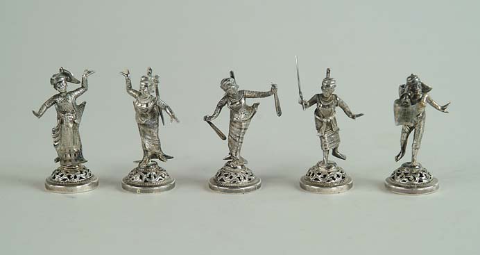 Appraisal: SET OF FIVE SILVER PLATED FIGURAL PLACE CARD HOLDERS Unmarked