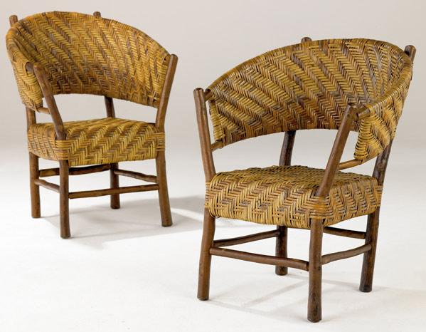 Appraisal: INDIANA HICKORY Pair of rare barrel chairs Branded Indiana Hickory