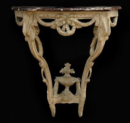 Appraisal: LOUIS XV CARVED AND GREY-PAINTED CONSOLE The serpentine-fronted mottled pink