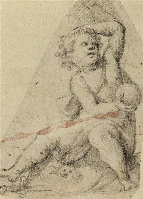 Appraisal: ITALIAN SCHOOL TH CENTURY Putto enthroned on weaponsholding a sphere