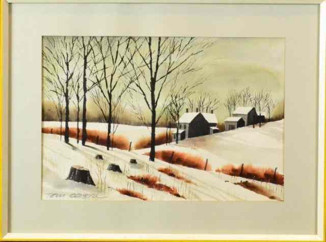 Appraisal: TOM COSTA WATERCOLOR ON PAPERWatercolor winterscape of two homes and