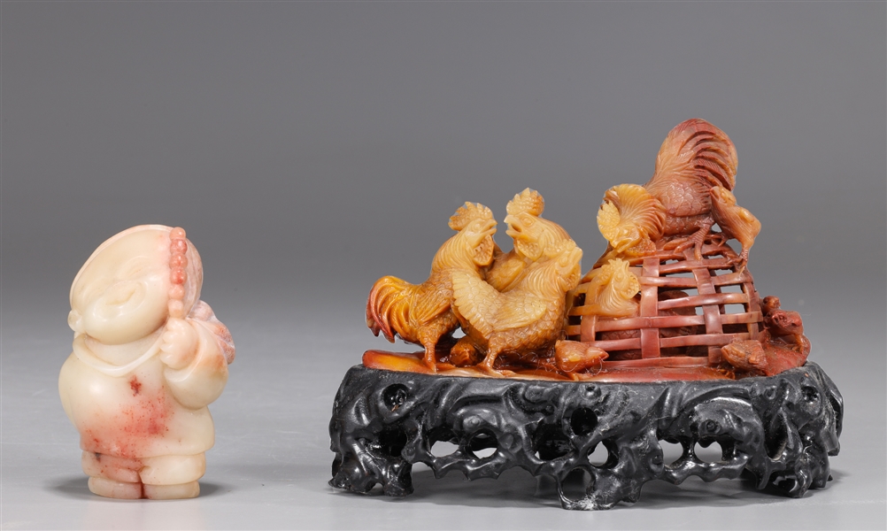 Appraisal: Two Chinese soapstone carvings including chicken and rooster grouping with