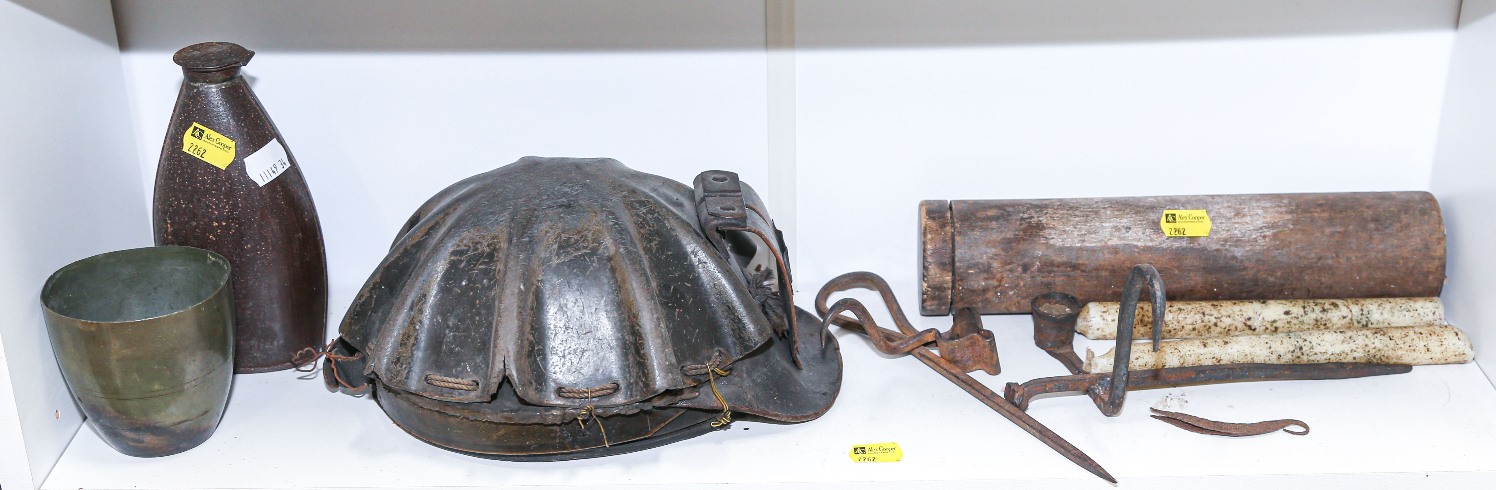 Appraisal: ASSORTED MINING ITEMS Including a miner's helmet cap tin water