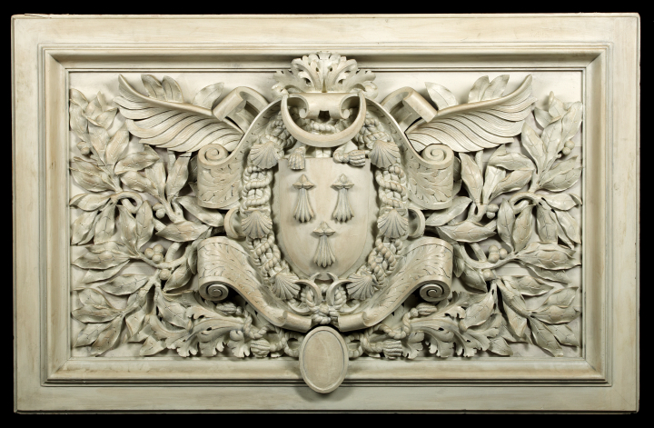 Appraisal: Large French Carved and Matte-White-Painted Beechwood Armorial Overdoor Panel third