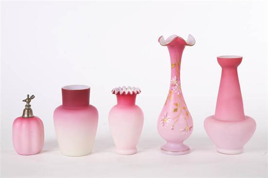 Appraisal: FIVE PIECES OF GLASS Pink satin vase with handpainted flowers