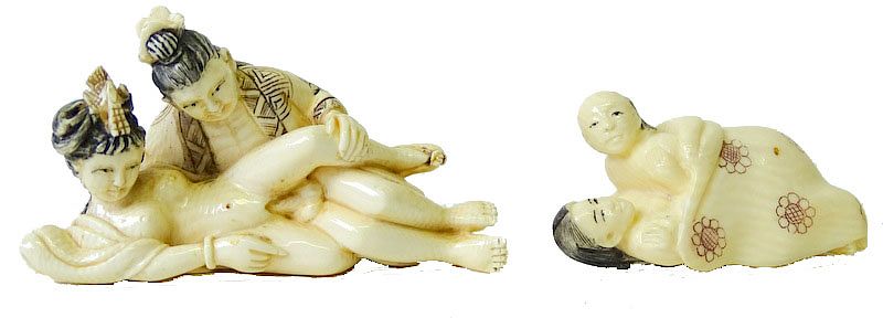 Appraisal: Two Chinese Carved Netsuke Erotica Figure Two Chinese Carved Ivory