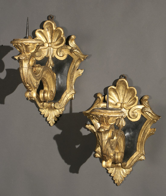 Appraisal: Pair of Italian Neoclassical Style Parcel Ebonized Giltwood Sconces Early