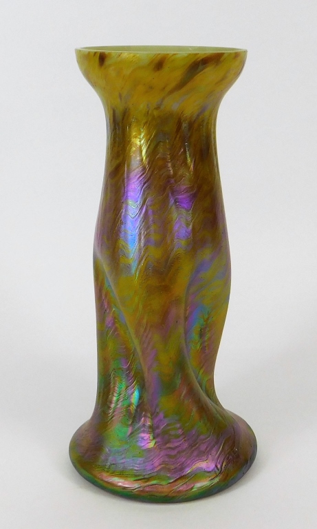 Appraisal: RINDSKOPF YELLOW IRIDESCENT PINCHED ART GLASS VASE Czechoslovakia th CenturyPinched