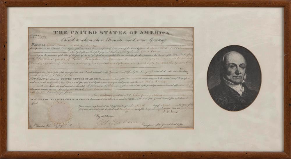 Appraisal: JOHN QUINCY ADAMS AUTOGRAPHED LAND GRANT DATED APRIL FRAMED X