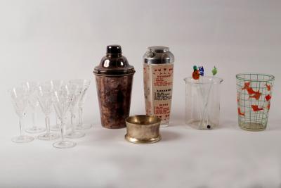 Appraisal: A glass cocktail shaker with recipes printed to the side