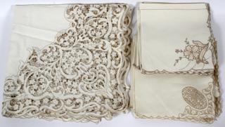 Appraisal: CUTWORK LINEN TABLECLOTH AND NAPKINS PIECES CUTWORK LINEN TABLECLOTH AND