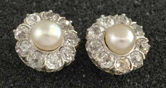 Appraisal: A pair of cultured pearl and diamond earrings Of cluster