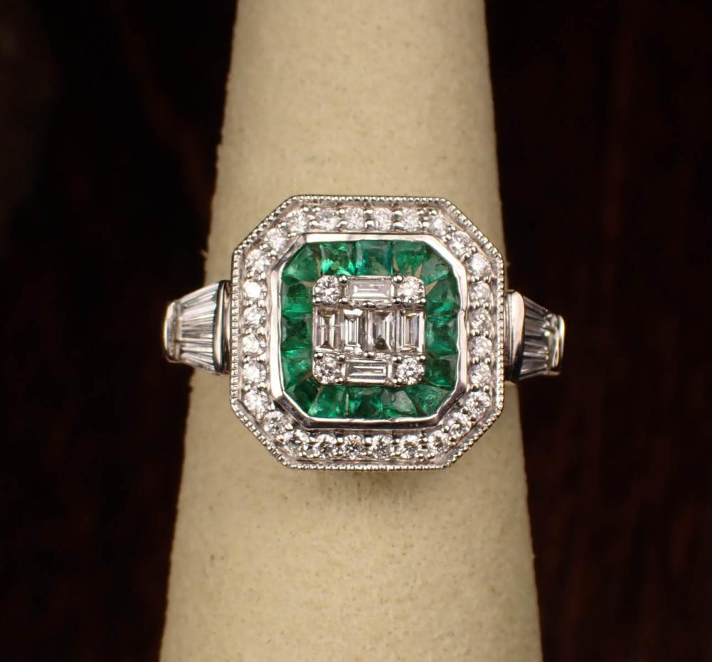 Appraisal: DIAMOND EMERALD AND EIGHTEEN KARAT GOLD RING The white gold