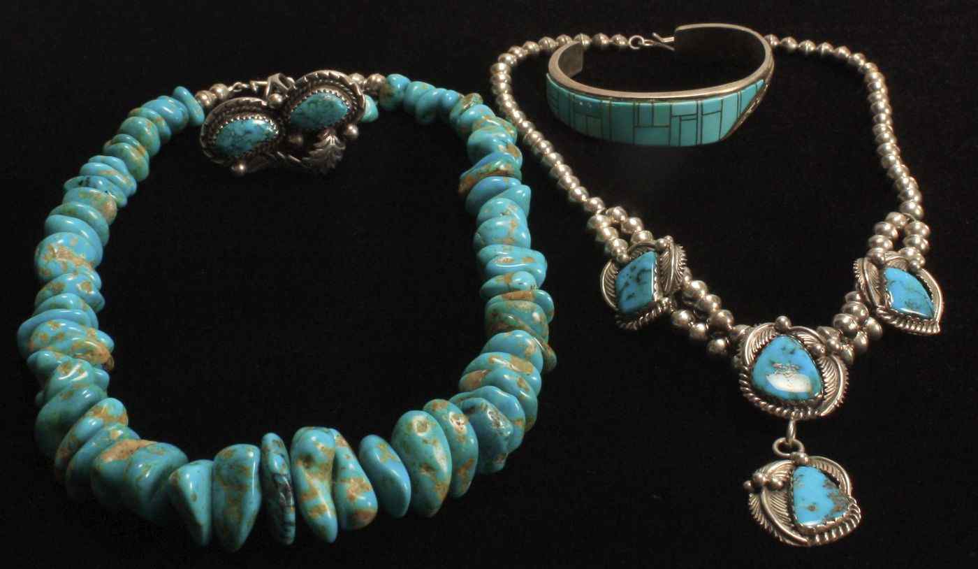 Appraisal: FOUR PIECES OF NATIVE AMERICAN STERLING SILVER AND TURQUOISE JEWELRYCuff