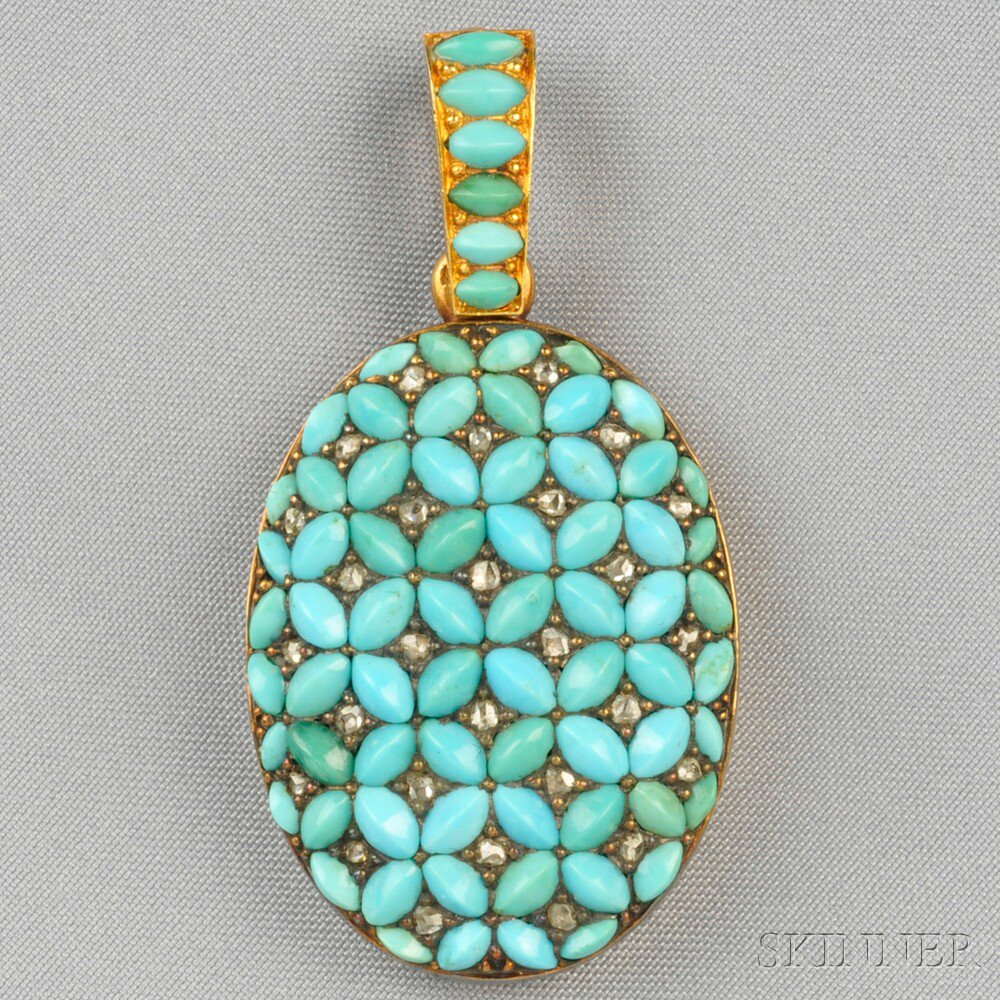 Appraisal: Antique kt Gold Turquoise and Diamond Locket France set with