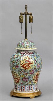 Appraisal: FAMILLE ROSE PORCELAIN TURQUOISE-GROUND BALUSTER-FORM JAR AND COVER MOUNTED AS