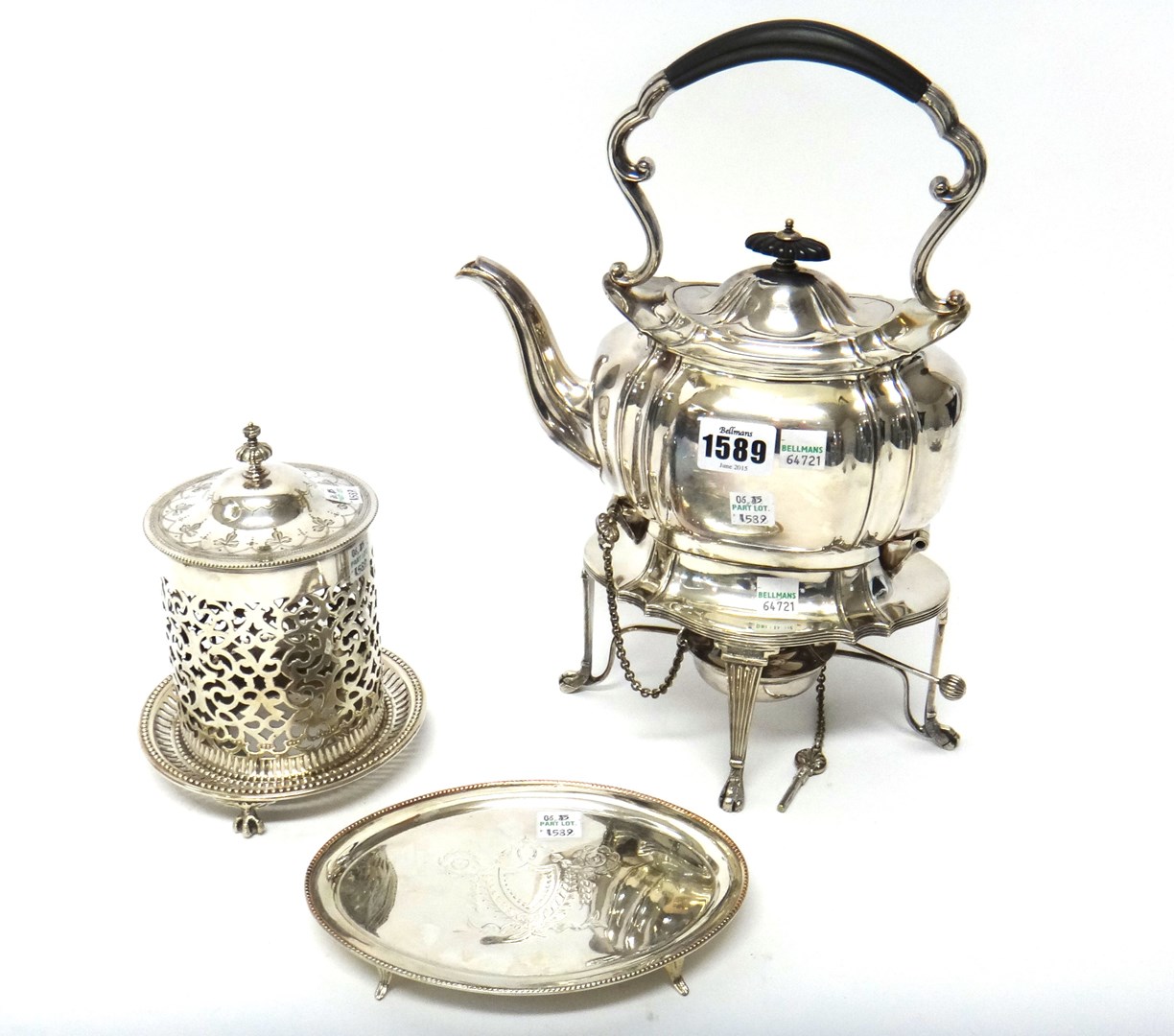 Appraisal: Plated wares comprising a tea kettle having ebonised fittings with