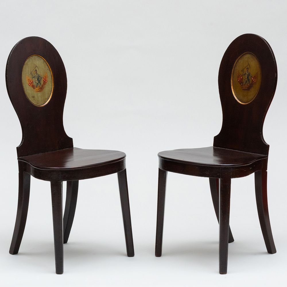 Appraisal: Pair of English Mahogany and Painted Hall Chairs x x