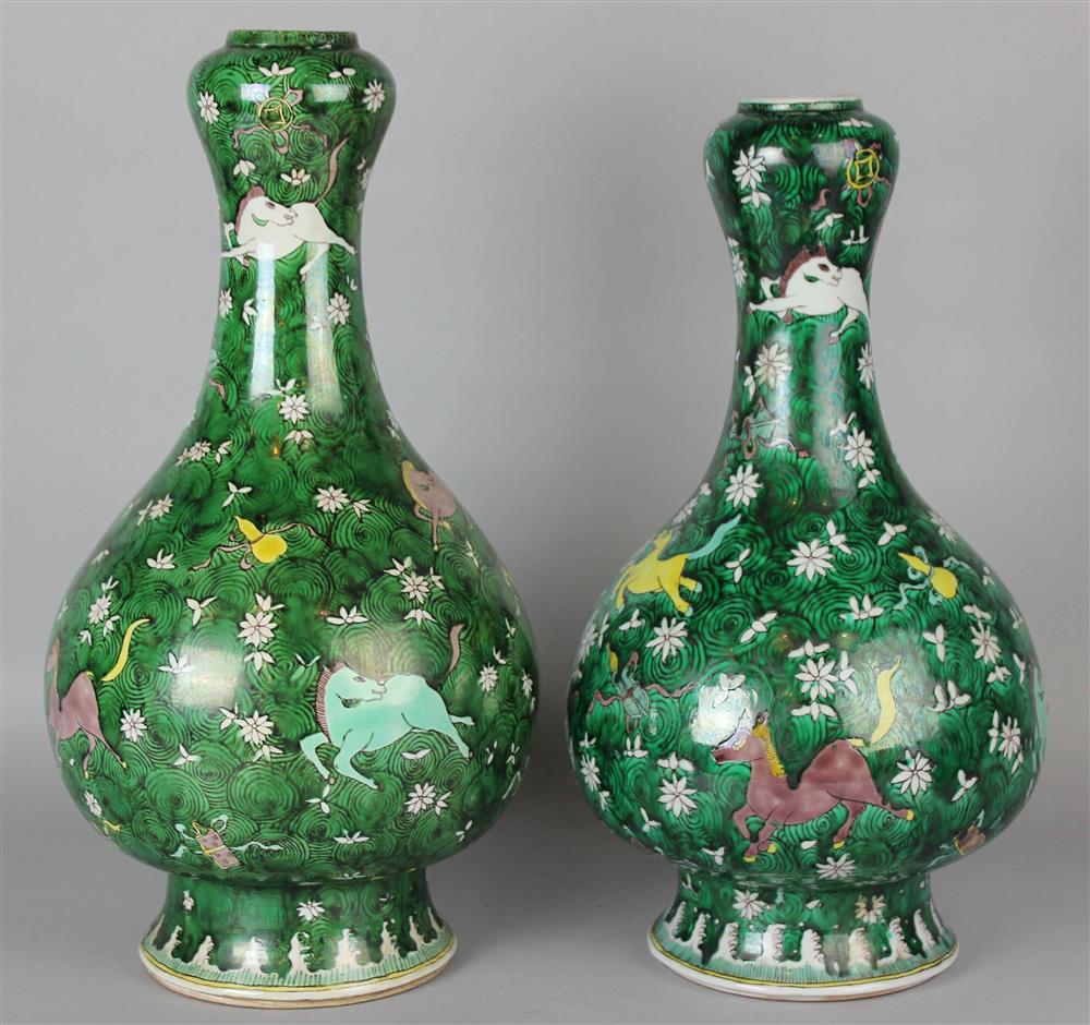 Appraisal: TWO CHINESE GARLIC-MOUTH VASES WITH FAMILLE VERTE TYPE DECORATION LATE