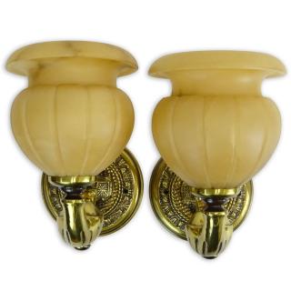 Appraisal: Pair of Contemporary Brass and Alabaster Wall Sconces Signed Made