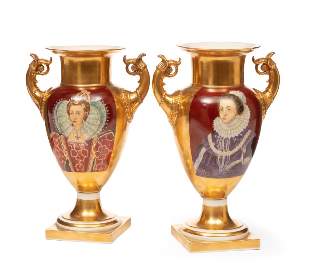 Appraisal: Pair of Gilt and Polychrome Paris Porcelain Urns portrait reserves