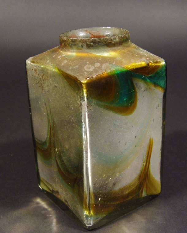 Appraisal: Square glass vase with silver interior and turquoise and amber