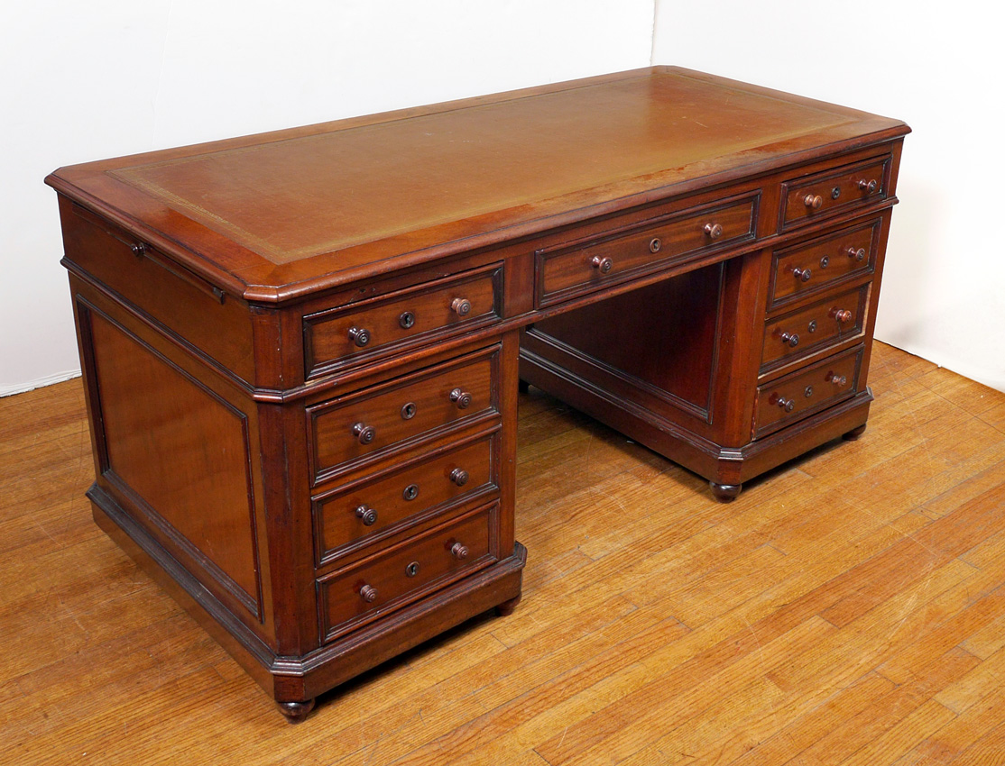 Appraisal: VICTORIAN MAHOGANY DOUBLE PEDESTAL DESK Embossed inset leather top with