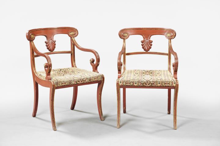 Appraisal: Pair of Regency-Style Polychromed Armchairs early th century each with