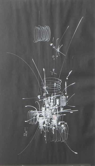 Appraisal: GEORGES MATHIEU b ABSTRACT COMPOSITION White ink on black paper