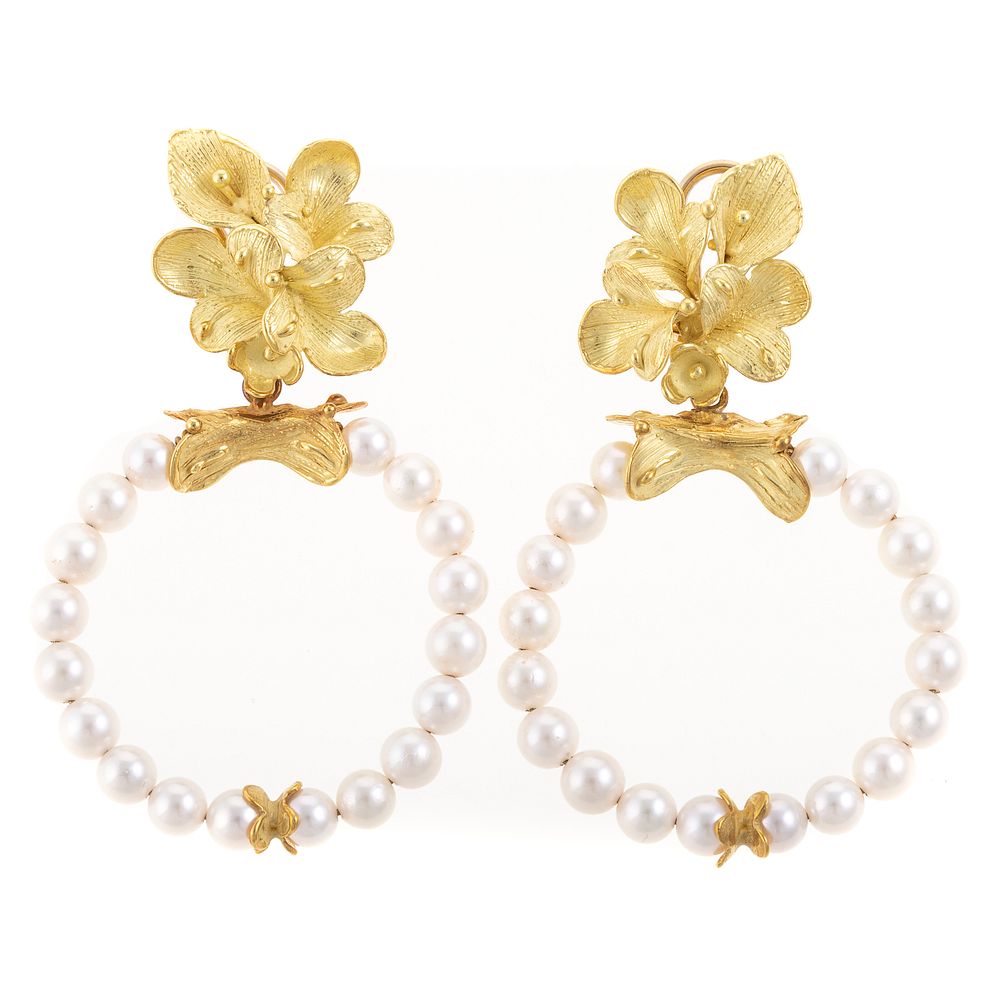 Appraisal: A Pair of Floral Pearl Hoop Earrings in K K