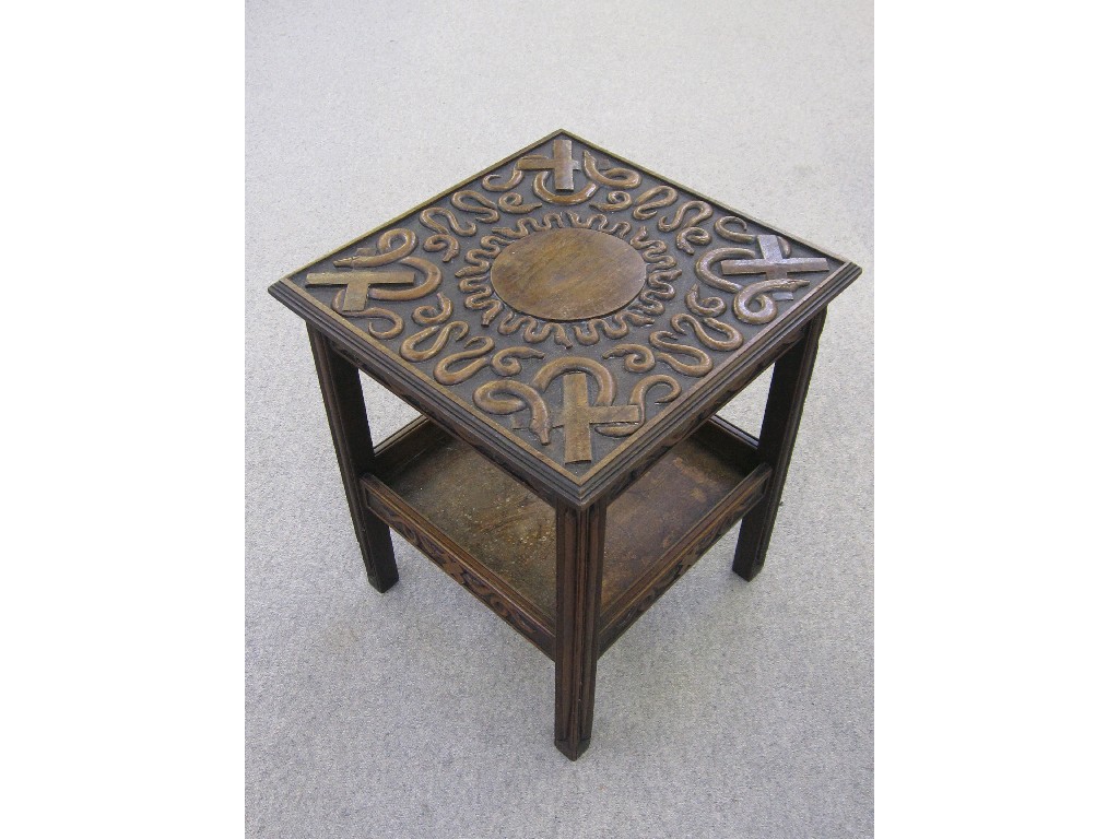 Appraisal: Square mahogany two tier sidetable the top carved with crosses