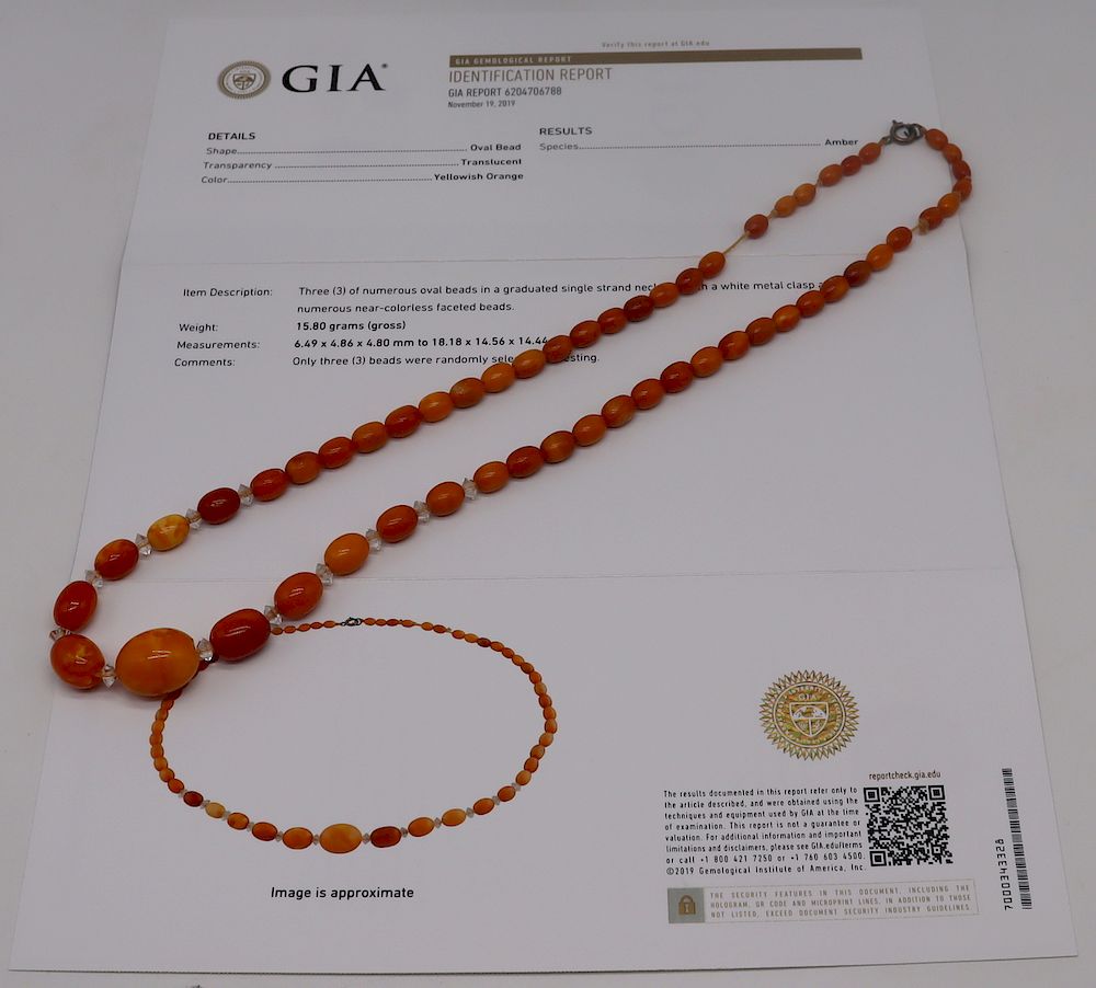 Appraisal: JEWELRY Amber Necklace GIA Report No Graduated single strand of