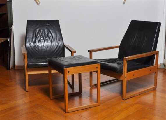 Appraisal: DANISH SET ARMCHAIRS STOOLS AND A FOOTSTOOL Ash and black