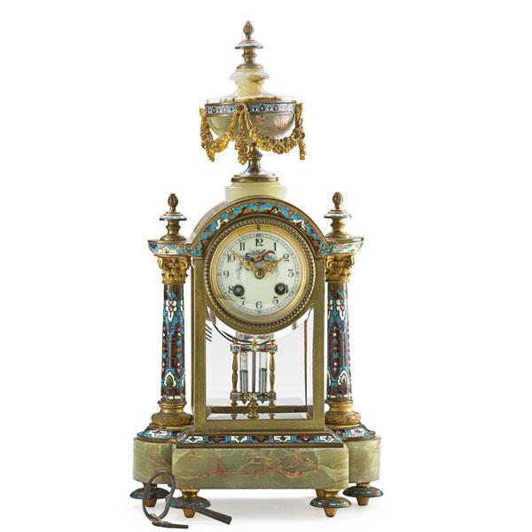 Appraisal: FRENCH MANTLE CLOCK Champleve gilt bronze and onyx with an