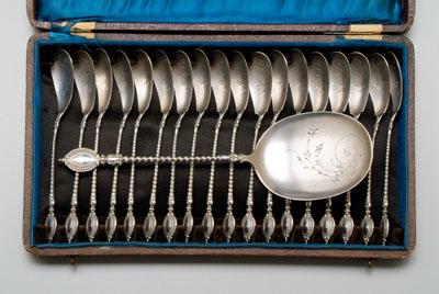 Appraisal: Cased Continental silver dessert set twist-handles bowls with bright-cut decoration